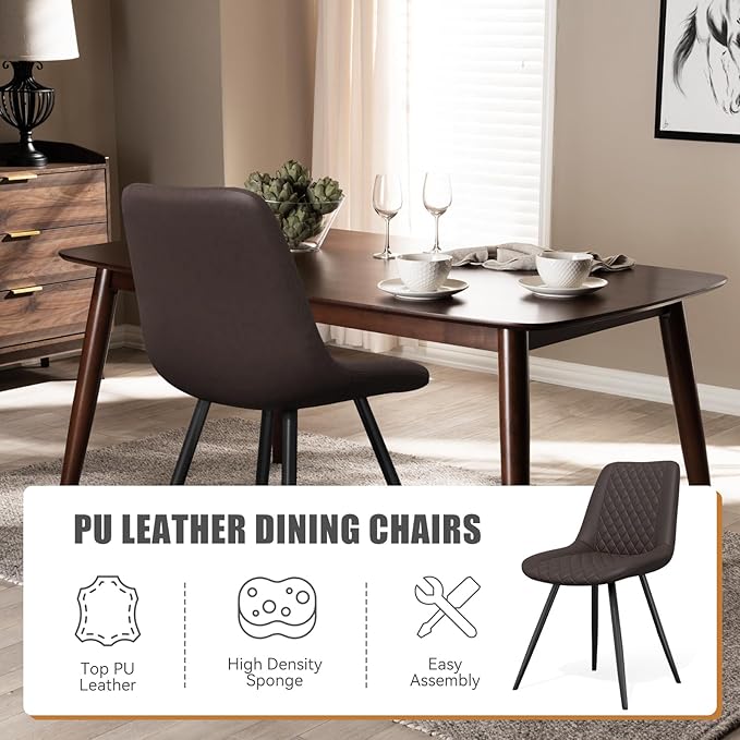 Modern Dining Chairs Set of 6, Top PU Leather Upholstered Dining Room Chairs with Metal Legs, Dark Brown