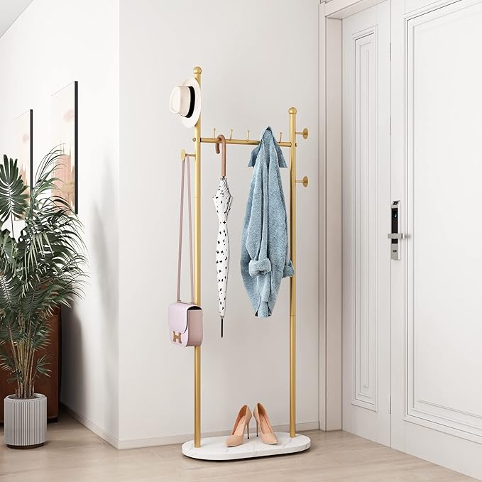 DR.IRON Gold Clothing Racks with Marble Base Modern Coat Racks Freestanding Gold Clothes Rack with Shelves for Bedroom Heavy Duty Garment Racks in Hallway, Entryway