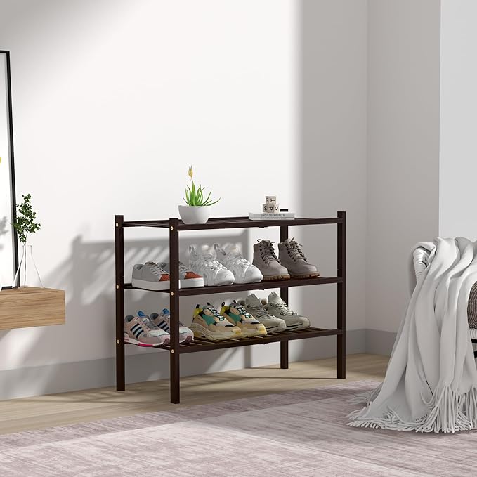 3 Tier Bamboo Shoe Rack for Closet Free Standing Wood Shoe Shelf for Entryway Small Space Stackable 27"x11"x20" (Brown)