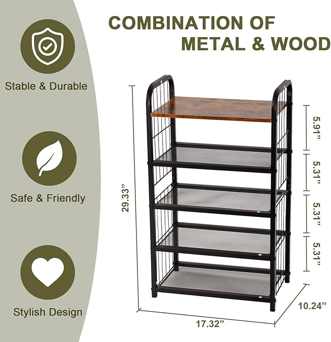 Shoe Rack, 5-Tier Shoe Organizer with Guardrails, Heavy-Duty Metal Mesh Shelves & Rustic Wooden Top for Stylish Closet & Front Door Storage