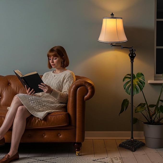 PARTPHONER Vintage Floor Lamps for Living Room,Traditional 350° Adjustable Swing Arm Farmhouse Floor Lamp for Bedroom, Rustic Standing Lamp Pole Lamps for Reading, Home Décor and Office, Brown