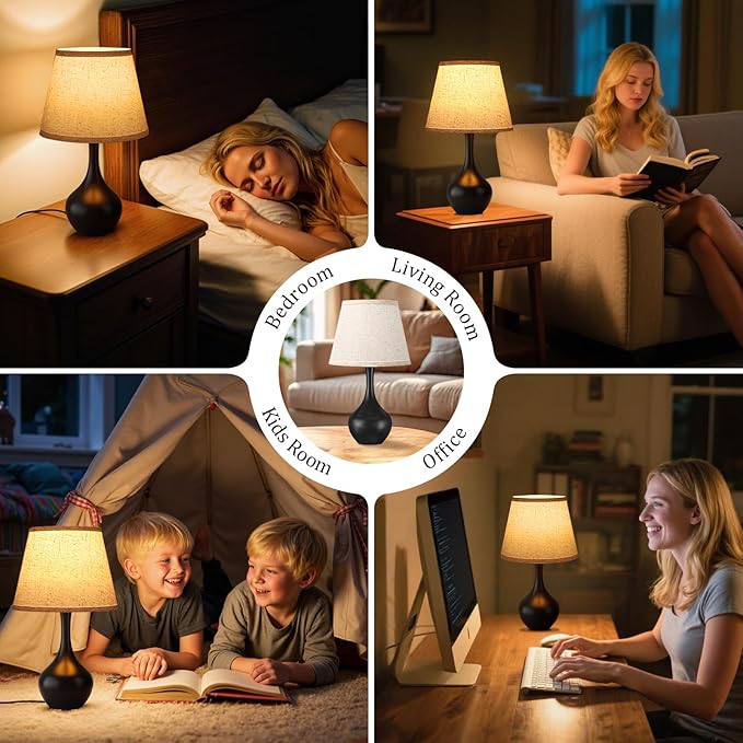 Seealle Touch Table Lamps for Nightstand Set of 2, 3-Way Dimmable Small Bedroom Lamps for Night Stands, Black Bedside Lamps for Living Room, Kids Room, End Table(LED Bulbs Included)