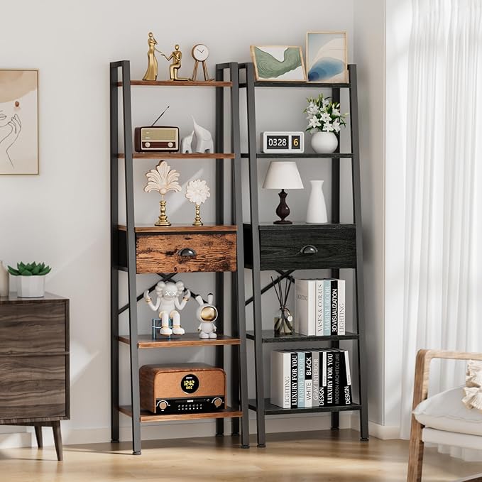 Furologee 5 Tier Bookshelf, Ladder Shelf with Drawer, Tall and Narrow Bookcase, Storage Shelves Organizer,Industrial Display Standing Units for Bathroom,Kitchen,Bedroom,Living Room,Black Oak
