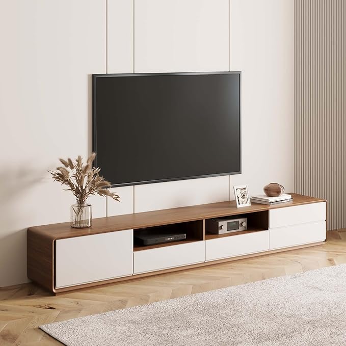 POVISON 94" Modern Wood White TV Stand, Lowline Media Console with 4 Drawers, Open Storage Cabinet, Walnut Veneer Fully-Assembled (TV Stand Only)