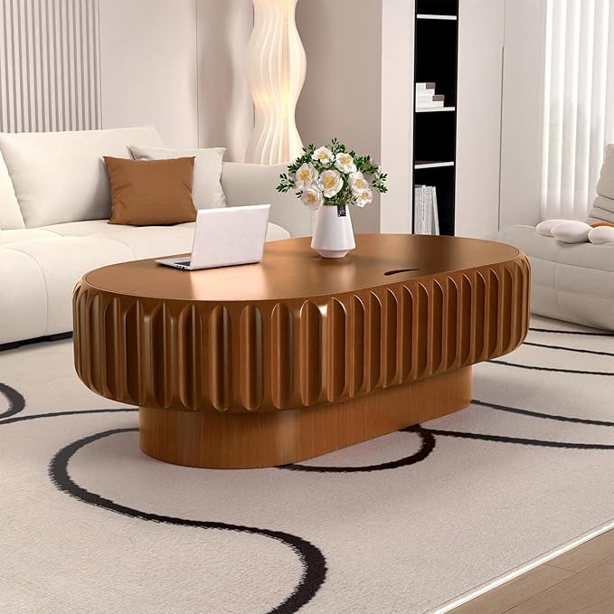 43.3" Oval Drum Coffee Table with Storage Modern Unique Fluted Tea Table Contemporary Wood Oval Coffee Table Centr Table for Living Room Apartment (Brown oval-43.3in)