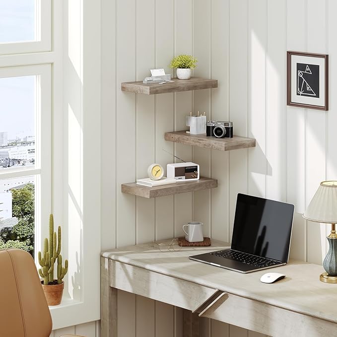 Floating Shelves for Wall, 1.5" Thick Wall Shelf Set of 3 with Invisible Brackets, 15.7L x 7.9W Hanging Book Shelves Farmhouse Home Decor for Bathroom, Living Room, Bedroom, Greige 4301BJP3BG