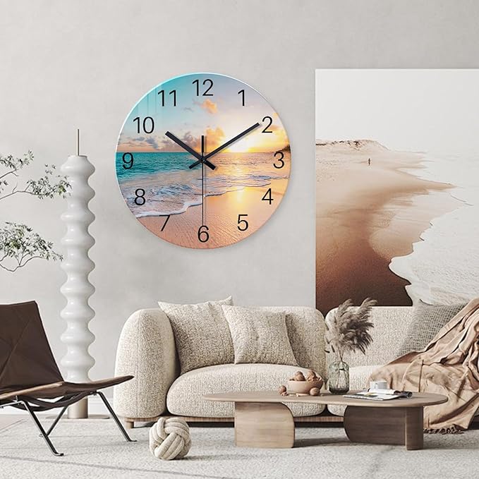 Round Blue Glass Office Wall Clock Decorative 24 Inch Beach Extra Large Wall Clocks Battery Operated Silent Wall Clock Non Ticking