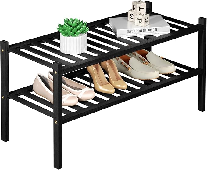 2 Tier Bamboo Shoe Rack for Closet Free Standing Wood Shoe Shelf for Entryway Small Space Stackable 27"x11"x13" (Black)