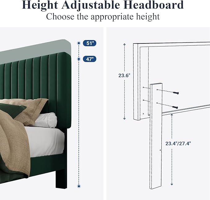 Allewie King Bed Frame, Velvet Upholstered Platform Bed with Adjustable Vertical Channel Tufted Headboard, Mattress Foundation with Strong Wooden Slats, Box Spring Optional, Easy Assembly, Green