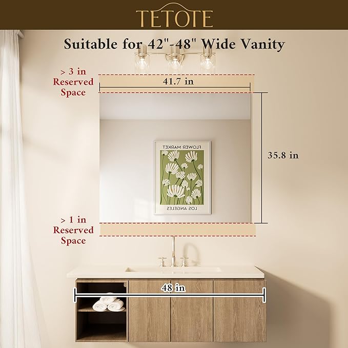 TETOTE Frameless Mirror 42" x 36" Bathroom Vanity Mirror Wall Mounted 4mm Tempered Glass, Suitable for Bedroom, Entryway, Hallway, Gym, Vertically/Horizontally