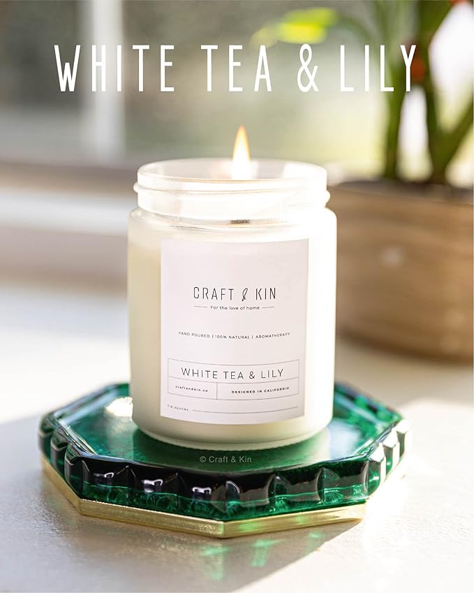Craft & Kin White Tea & Lily Christmas Scented Candle | 8 Oz 45 Hour Long Lasting | Classic Soy Scented Woodwick Holiday Candles | Made with Natural Soy | Winter Candles Gifts for Men and Women