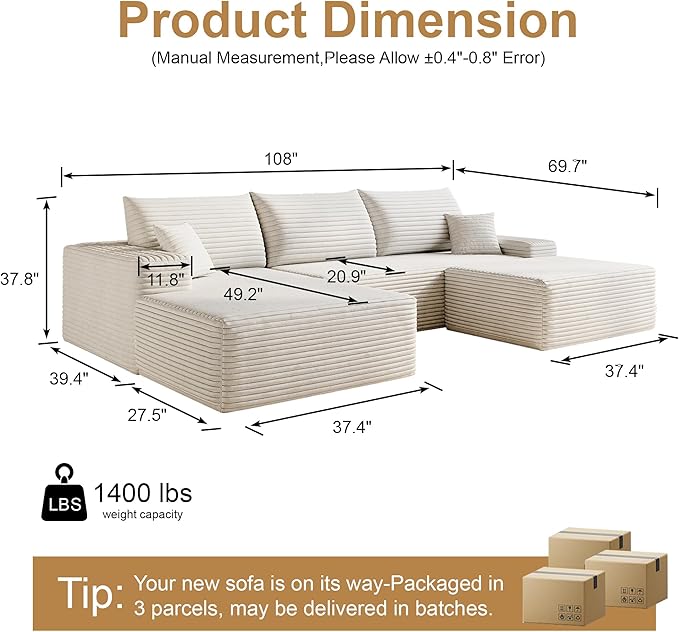 108" Sectional Couches for Living Room Modern Modular Sofa with L-Shape Couchs Upholstered Boneless Couch Deep Seat Sectional Couch with Chaise (White, Left Facing Chaise+2Seaters+1Ottoman)