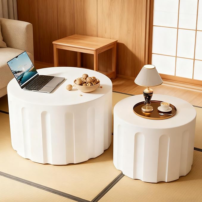 Round Nesting Coffee Table Set of 2, Round Fluted Coffee Tables for Living Room Modern Nesting End Side Tables for Small Spaces (B White)