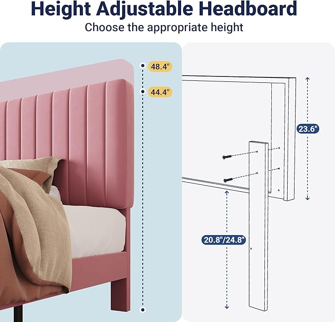 Allewie Twin Bed Frame, Velvet Upholstered Platform Bed with Adjustable Vertical Channel Tufted Headboard, Mattress Foundation with Strong Wooden Slats, Box Spring Optional, Easy Assembly, Pink