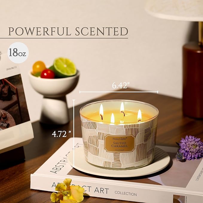 HomeLights Soy Wax Candles for Home Scented, 4-Wick Candles in Salted Caramel Scented, Rustic Modern Aromatherapy Candles Gift for Parties, Relaxing, 18oz