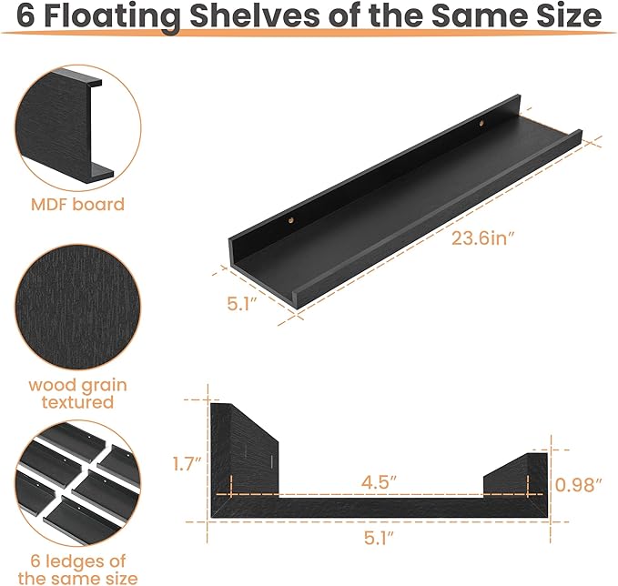 upsimples Floating Shelves for Wall, 23.6 Inch Shelves for Decor Storage Set of 6, Wall Mounted Wood Shelf for Bedroom, Living Room, Bathroom, Kitchen, Long Picture Ledge Shelves, Black