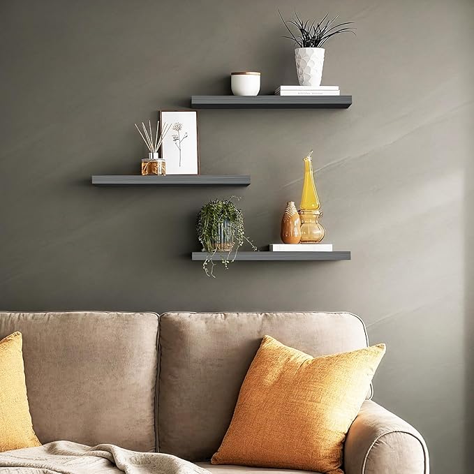 BAYKA Grey Floating Shelves for Wall, Wall Mounted Rustic Wood Shelves for Bathroom, Bedroom, Living Room, Kitchen,Small Hanging Shelf for Books/Storage/Room Decor (Set of 3, 15.7in)
