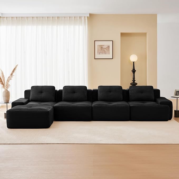 150" Modern Compressed Boneless Couch with Ottoman, 4 Seater Large L Shaped Sectional Couches for Living Room, Black Corduroy Cloud Modular Sectional Sofa, Memory Foam, Extra Deep, No Assembly