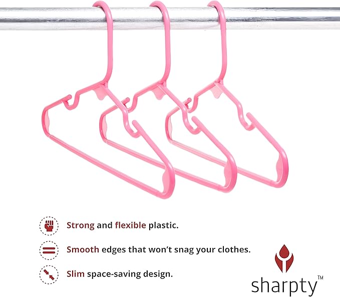 Sharpty Kids Plastic Hangers, Children's Hangers for Baby, Toddler, and Child Clothes - Everyday Standard Use - Ideal for Boys and Girls Closet, Clothing, Pants, Coats, and More - Pink, 60 Pack