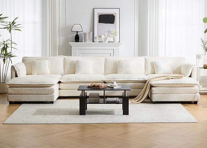 147.8" U Shaped Modular Sectional Sofa, Comfy Cloud Couch with Movable Ottoman, Deep Seat Modular Sofa, Sectional Couches for Living Room, Bedroom, Apartment (Beige)