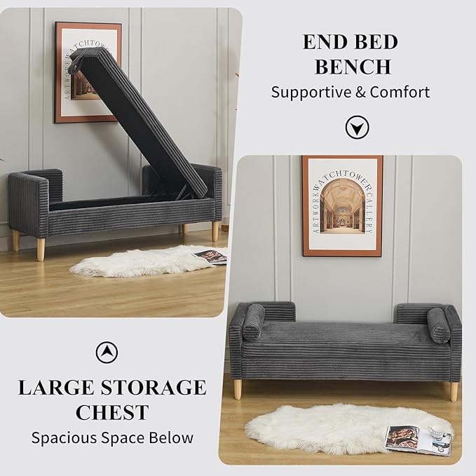 NIOIIKIT 65" Large Storage Ottoman Bench with 2 Pillows, Corduroy Upholstered Entryway Bench with Wood Leg, End of Bed Bench with Straight Armrest, Window Bench for Bedroom, Entryway (Dark Grey)