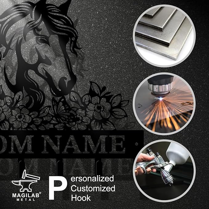 Personalized Custom Name Farm Horse Wall Key Hooks,Metal Horse Art Clothes Hooks,Metal Horse Wall Home Storage Decorative,For Front Door, Hallway, Kitchen, Bedroom,Keys,Hats (Style C)