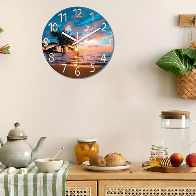 XFM Blue Beach Wall Clocks Battery Operated 20 Inch Palm Tree Silent Wall Clock Sunset Glass Coastal Wall Clock for Living Room Bedroom Kitchen Office