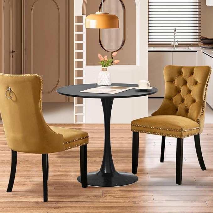 SoarFlash Kitchen Table and Chairs for 2, 31.5" Dining Table Set for 2 with Velvet Upholstered Chairs, 3 Piece Round Kitchen Table Set, Dining Room Table Set for Small Space, Apartment, Gold/Black