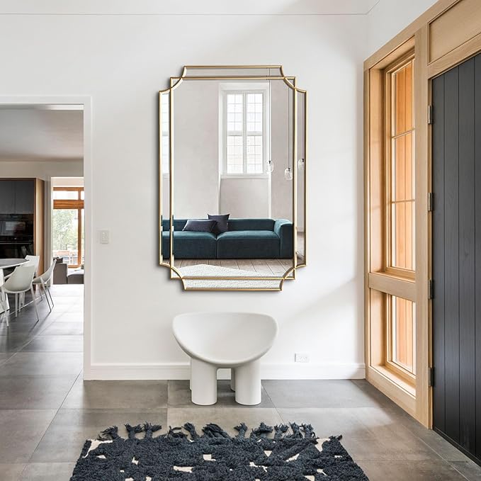 Large Gold Rectangle Mirror, 48"x31.6" Bathroom Mirrors for Over Sink, Modern Beveled Mirror Decorative, Elegant Oblong Wall Mirrors for Living Room Bedroom Fireplace Entryway Hallway