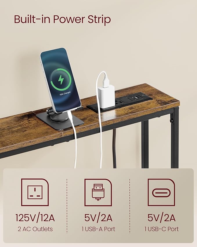 VASAGLE Console Table with Power Outlet, Slim Behind Couch Sofa Table, 5.9 x 39.4 x 31.5 Inches, 1 Hook, Easy Assembly, for Entryway, Living Room, Rustic Brown and Ink Black ULNT079K01