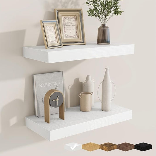 fuqing Floating Shelves for Wall, Wall Mounted Wood Floating Shelf with Invisible Brackets for Living Room, Bathroom, Bedroom, Kitchen Storage and Decor, 16 Inch Set of 2, White