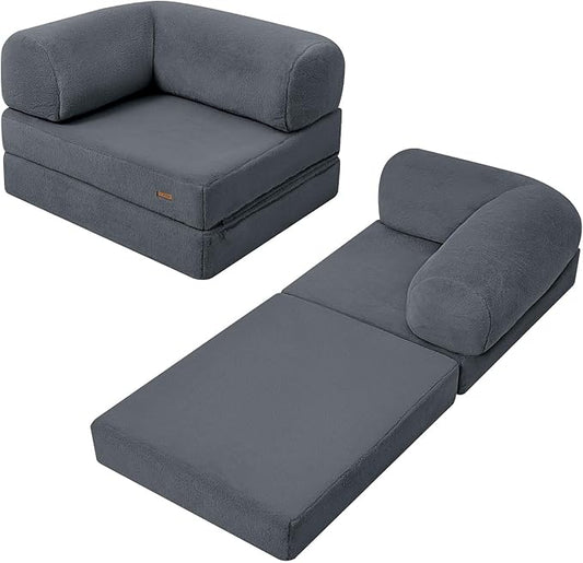 COMAX Folding Sofa Bed Single, Fold Out Chair Bed, Foldable Sofa Chair, Convertible Sleeper Futon for Adults, Floor Couch Mattress for Small Spaces Bedroom Living Room Guest Room, Faux Fur Dark Grey