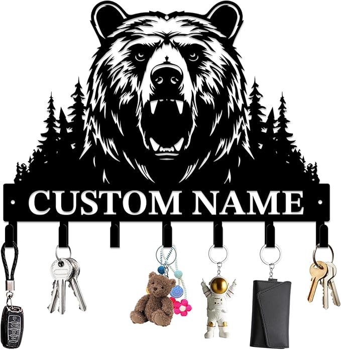 Personalized Custom Name Bear Key Wall Hooks,Metal Bear Keys Clothes Hooks,Metal Bear Wall Home Storage Decorative,For Front Door, Hallway, Kitchen, Bedroom,Keys,Hats (Style O)