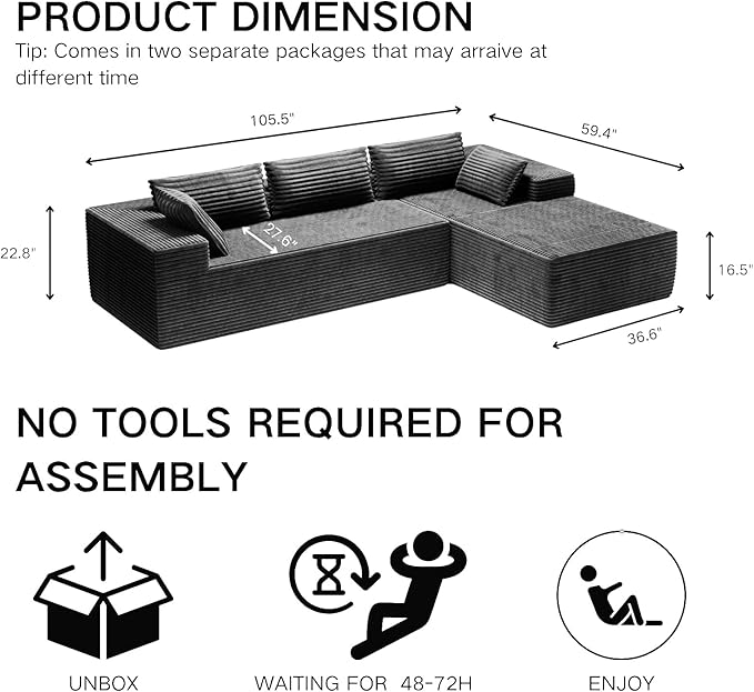 105.5" Modular Sectional Sofa L-Shape, Modular Cloud Sofa with Deep Seat for Living Room Bedroom, Upholstered Couches No Assembly Required (Gray Right Facing Chaise)