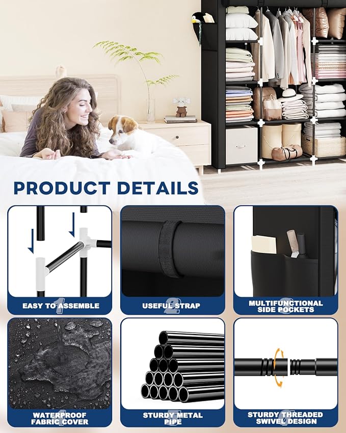 Mavivegue Portable Closet, Wardrobe Closet Organizer with Cover, 3 Hanging Rods and Shelves,Large Capacity for Bedroom, Living Room (Black, 59" W x 18" D x 64" H)