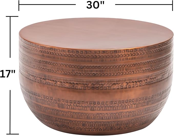 Modern Round Aluminum Hammered Embossed Texturing Metal Drum Coffee Table, Hand-Stamped Iron, Boho Accent Cylinder Drum Coffee Table, Cocktail Table, for The Living Room and Bedroom, Copper