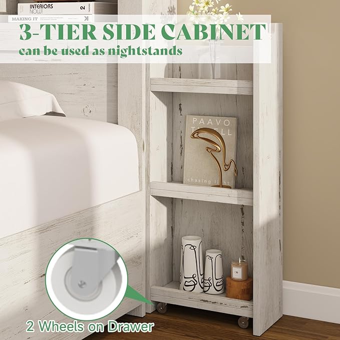 AMERLIFE Queen Bed Frame with 4 Storage Drawer, LED Bed Frame with 49.6" Tall Bookcase Headboard, Wood Platform Bed with Charging Station & 2 Slide Bedside Shelf, No Box Spring Needed/Distressed White