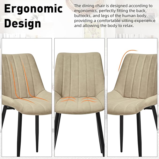 Dining Chairs Set of 4, Faux Leather Modern Linear Design Dining Chair with Metal Legs, 16.9" Seat Width Chair for Kitchen, Lounge, Reception Room, Restaurant, Commercial (Beige)