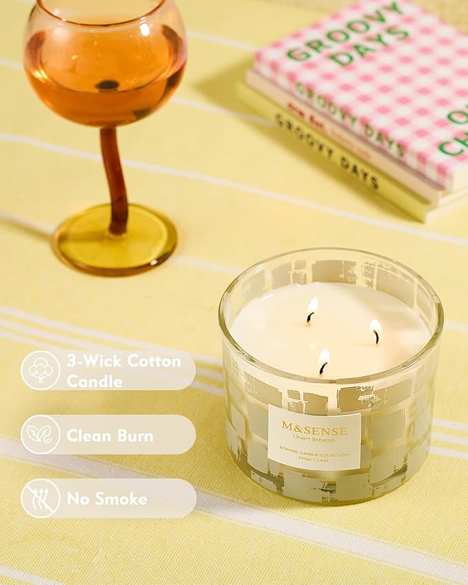 M&SENSE Linen Breeze, 3 Wick Scented Candle,11.6oz Natural Soy Wax Non Toxic for Home, Up to 60 Hours Burn time, Jar Candle Long Lasting,Fall Decorations for Home