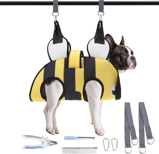 Dog Grooming Hammock for Small Dogs Cats, Cute Bee Design Dog Hanging Harness for Nail Trimming/Clipping, Pet Sling with Grooming Kit and Thick Neck Support & Strap Restraint Claw Care, M