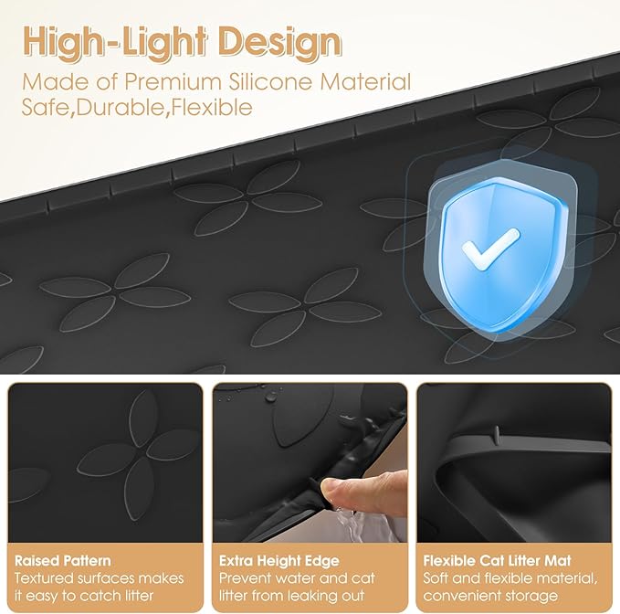 Cat Litter Mat, Large 34" x 22" Litter Box Mat, Waterproof Silicone Litter Mat for Litter Box, Non-Slip, Easy to Clean (Black)