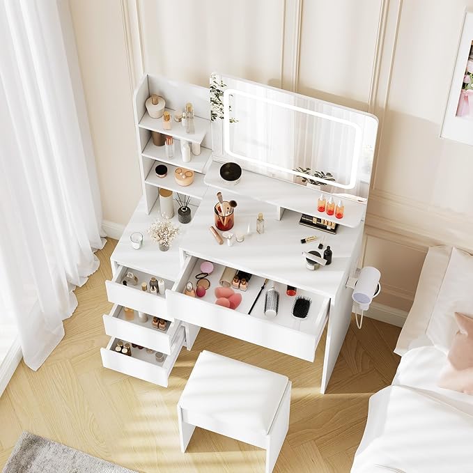 GAOMON Makeup Vanity Desk with Mirror and Lights - 36" Vanity Table Set with 4 Drawers, Power Outlet, USB Ports, Stool, Dressing Table with 3 Lighting Color Adjustable for Bedroom, Women, White