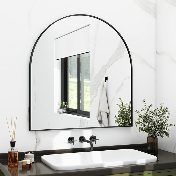 31"x32" Arched Wall Mirror for Bathroom, Black Vanity Mirror for Bedroom, Living Room, Entryway, Decorative Hanging Mirror for Wall