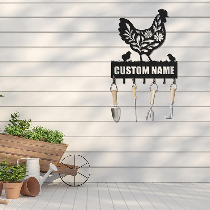 Personalized Key Holder for Wall, Custom Metal Chicken Key Hooks with Name, Meta Jacket Holder Hooks Organizer Rack, Jacket Hanger Decor for Kitchen, Entryway, Hallway, Office, Doorway