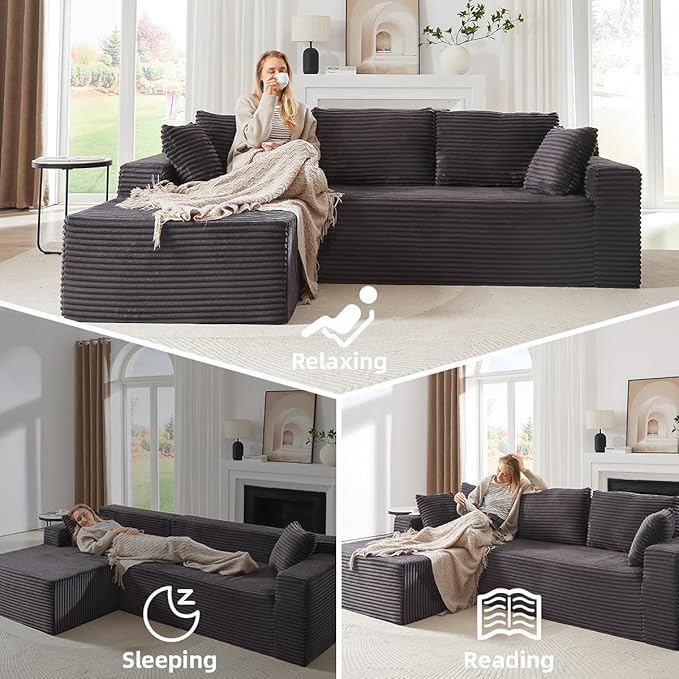 104 Inch Cloud Sectional Couch with L-Shape Chaise,Modern Upholstered Couches with Deep Seat,Corduroy Sponge Compressed Sofa for Living Room,No Assembly Required (Dark Grey)
