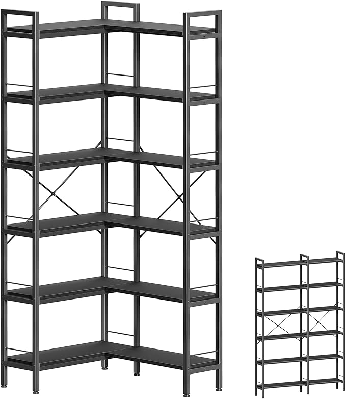 Huuger 6 Tier Bookshelf, L Shaped Corner Bookshelf with Open Shelves, 49.4 Inch Straight Wide Bookcase with Metal Frame and Wooden Board, Adjustable Feet, Black