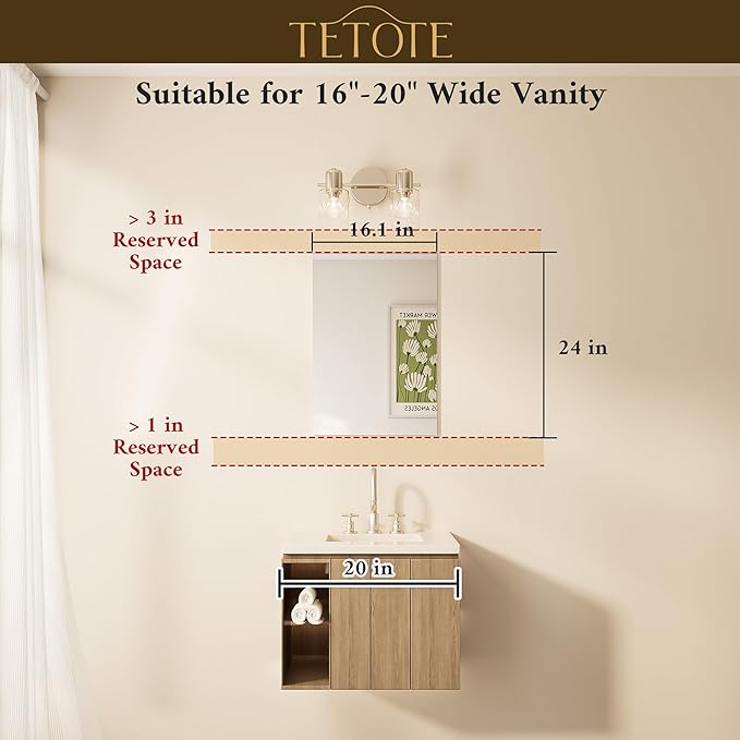 TETOTE Frameless Bathroom Mirror 16" x 24" Frameless Vanity Mirror for Wall Suitable for Bedroom, Living Room, Entryway, Hallway, Home Gym, Vertically/Horizontally