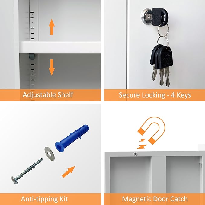 Metal Storage Cabinet with Locking Doors and 2 Adjustable Shelves, Small Lockable Steel Storage Cabinets for Home Office Garage Kitchen Pantry (White)