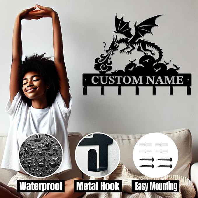 Personalized Evil Dragons Keys Hooks,Custom Name Metal Dragons Art Keys Hooks,Metal Dragons Lover Wall Home Storage Decorative Keys Hooks,Key Holder Hooks for Wall (Style G)