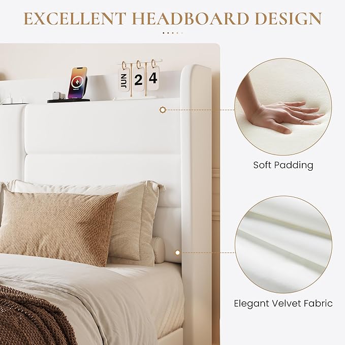 SHA CERLIN King Size Bed Frame with Charging Station & Storage Shelf, Velvet Upholstered Modern Platform Bed with Wingback Headboard, Wooden Slats Support, No Box Spring Needed, Easy Assembly, White